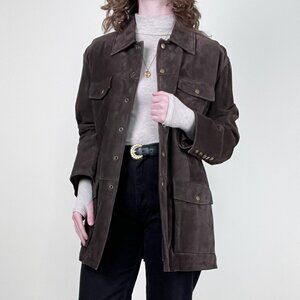 Vintage 100% Suede Leather Safari Jacket Field Barn Coat Oversized Long 90s Y2K